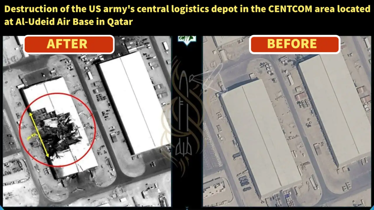 Satellite image of Destruction of the US army's central logistics depot in the CENTCOM area located at Al-Udeid Air Base in Qatar