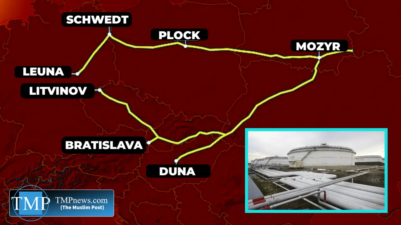 Image Created by the TMP Staff showing The Druzhba pipeline supplies crude oil directly to multiple refineries throughout the European Union.