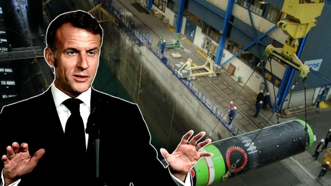 Image showing French President Emmanuel Macron with a nuclear warhead in the background.