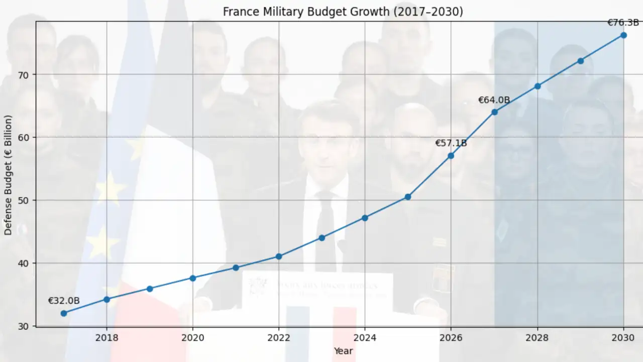 Image Created by the TMP Staff showing France’s military budget from 2017 to 2030. / Source: defense.gouv.fr⁠