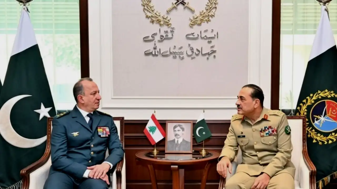 Image shows Pakistan’s Chief of Defense Staff and Army Chief Field Marshal Syed Asim Munir meeting Lebanese Armed Forces Commander-in-Chief General Rodolphe Haykal (left) at the army headquarters in Rawalpindi, Pakistan.