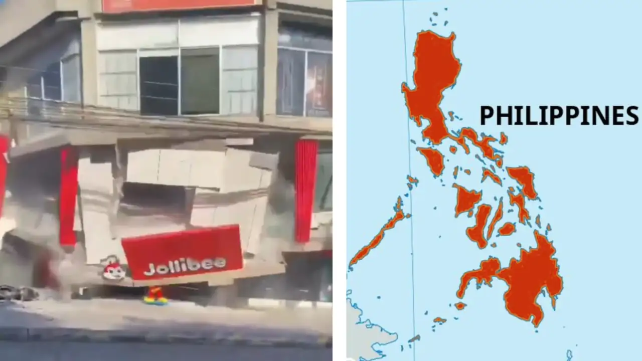 Right:- Jollibee building collapses after powerful quake strikes General Santos. Left:- Philippines Map