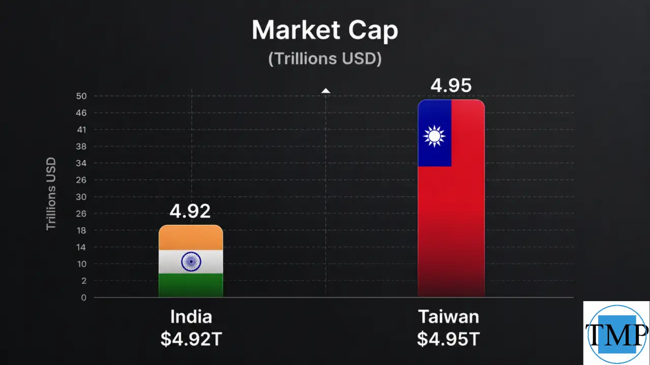 Image Created by the TMP Staff showing Taiwan, a country with a population smaller than Delhi, has officially overtaken India to become the world's 5th largest stock market by total market capitalization.