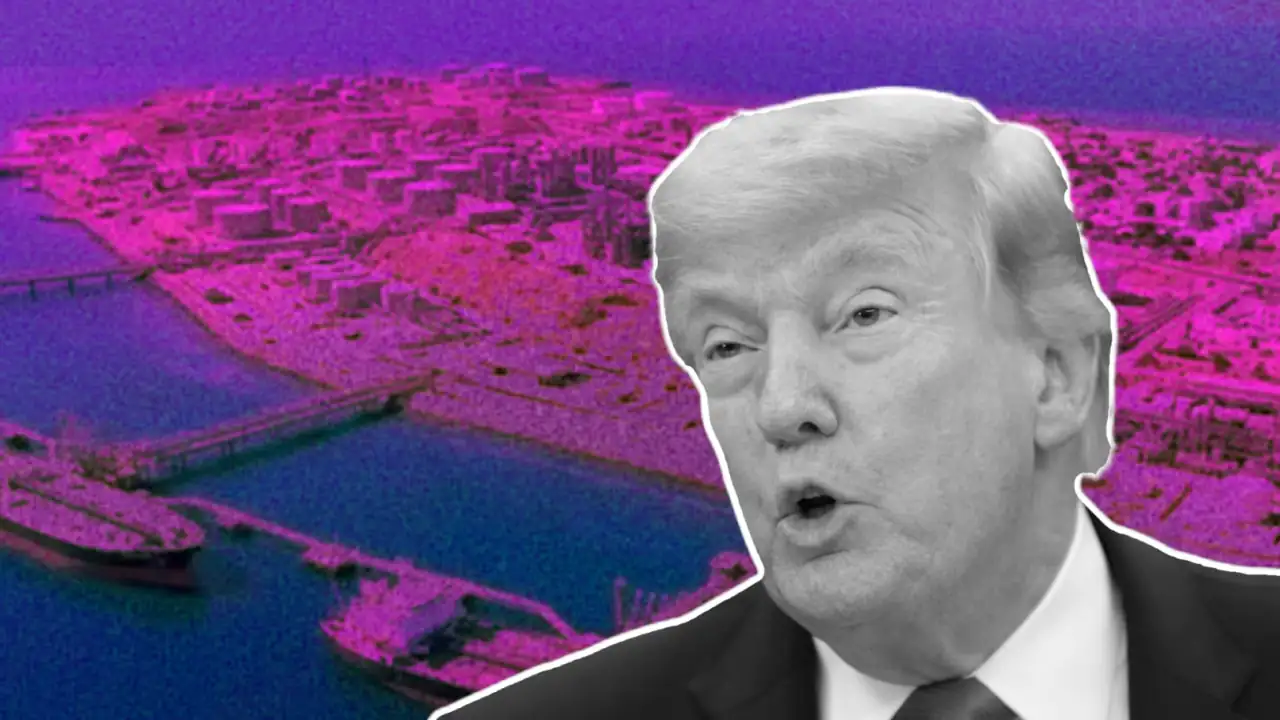 Image created by the TMP Staff showing U.S. President Donald Trump with Kharg Island in the background.